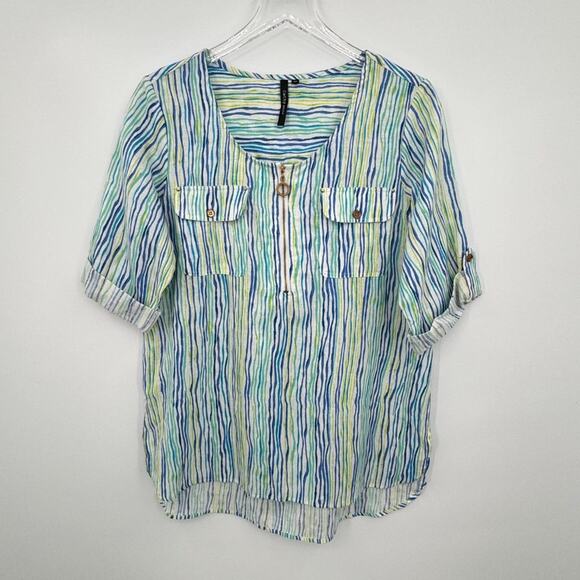 Cathy tunic M petite linen blend short tab sleeve zip front stripe beach resort - Picture 11 of 11